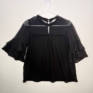 Monteau‎ Black Sheer Ruffle Sleeve Blouse Top M Romantic Whimsigoth Victorian
